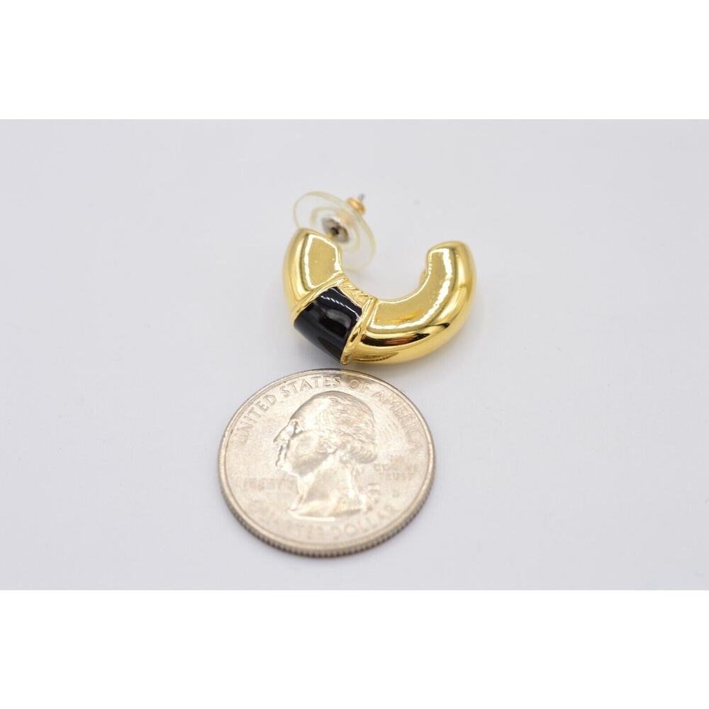 Givenchy Vintage Earrings Black Enamel Chunky Hoop Heavy Gold Signed 1980s 9C - Picture 11 of 11